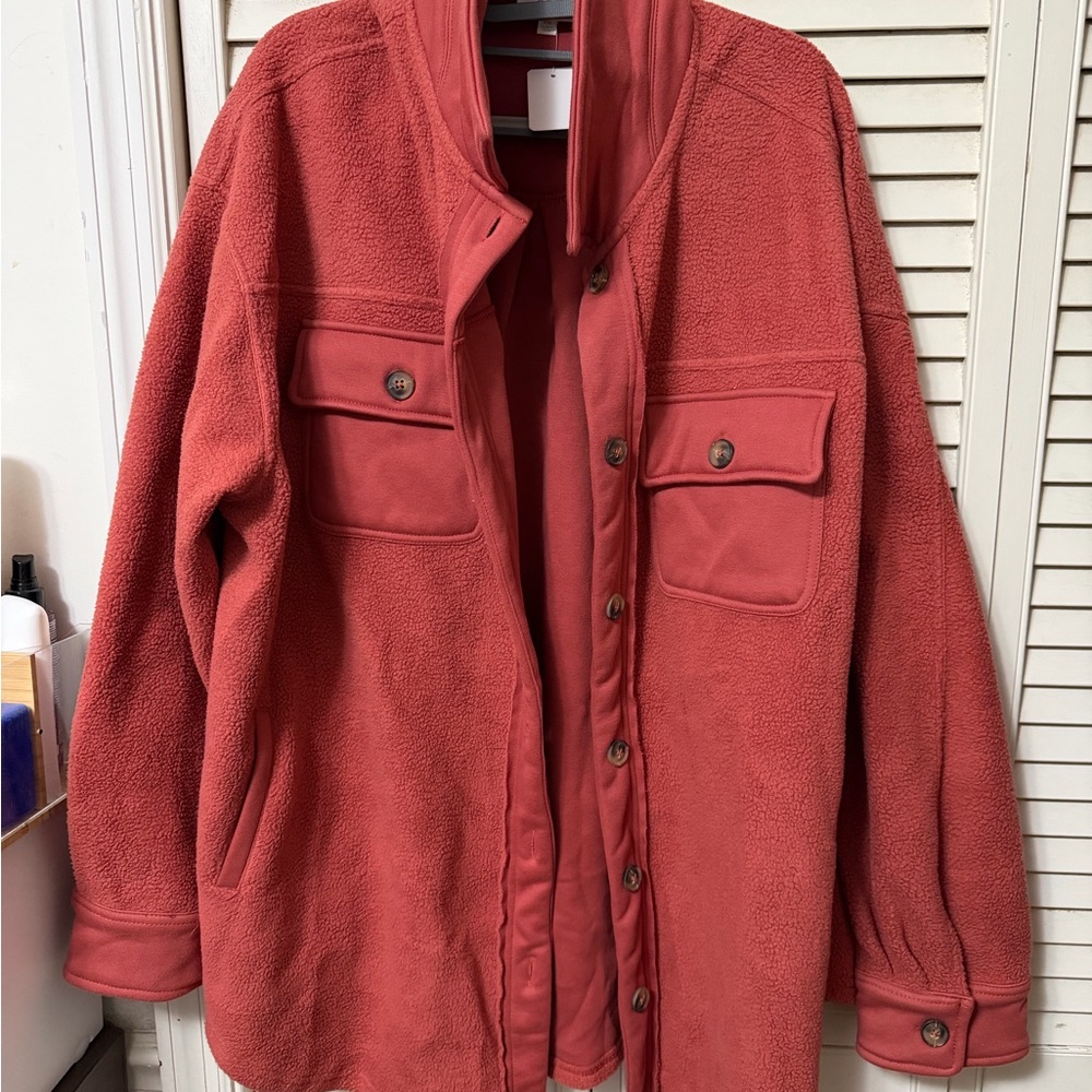 Button-Front Plush Fleece Jacket in Dusty Rose